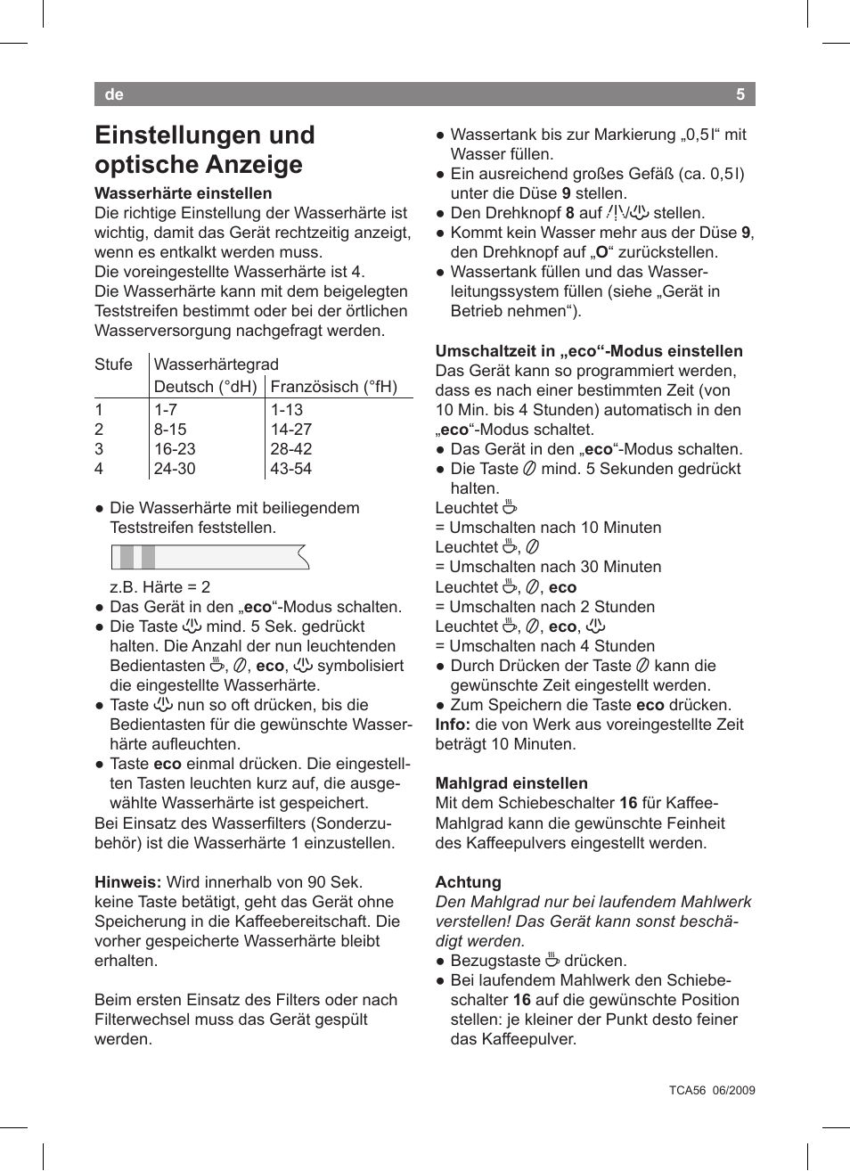 Einstellungen und optische anzeige | Bosch TCA5608 User Manual | Page 7 / 102