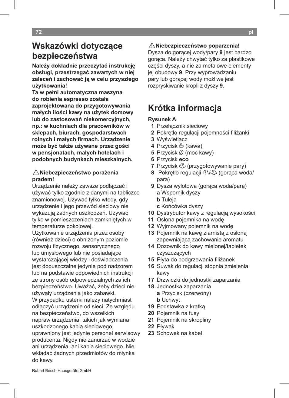 Wskazówki dotyczące bezpieczeństwa, Krótka informacja | Bosch TCA5608 User Manual | Page 74 / 102