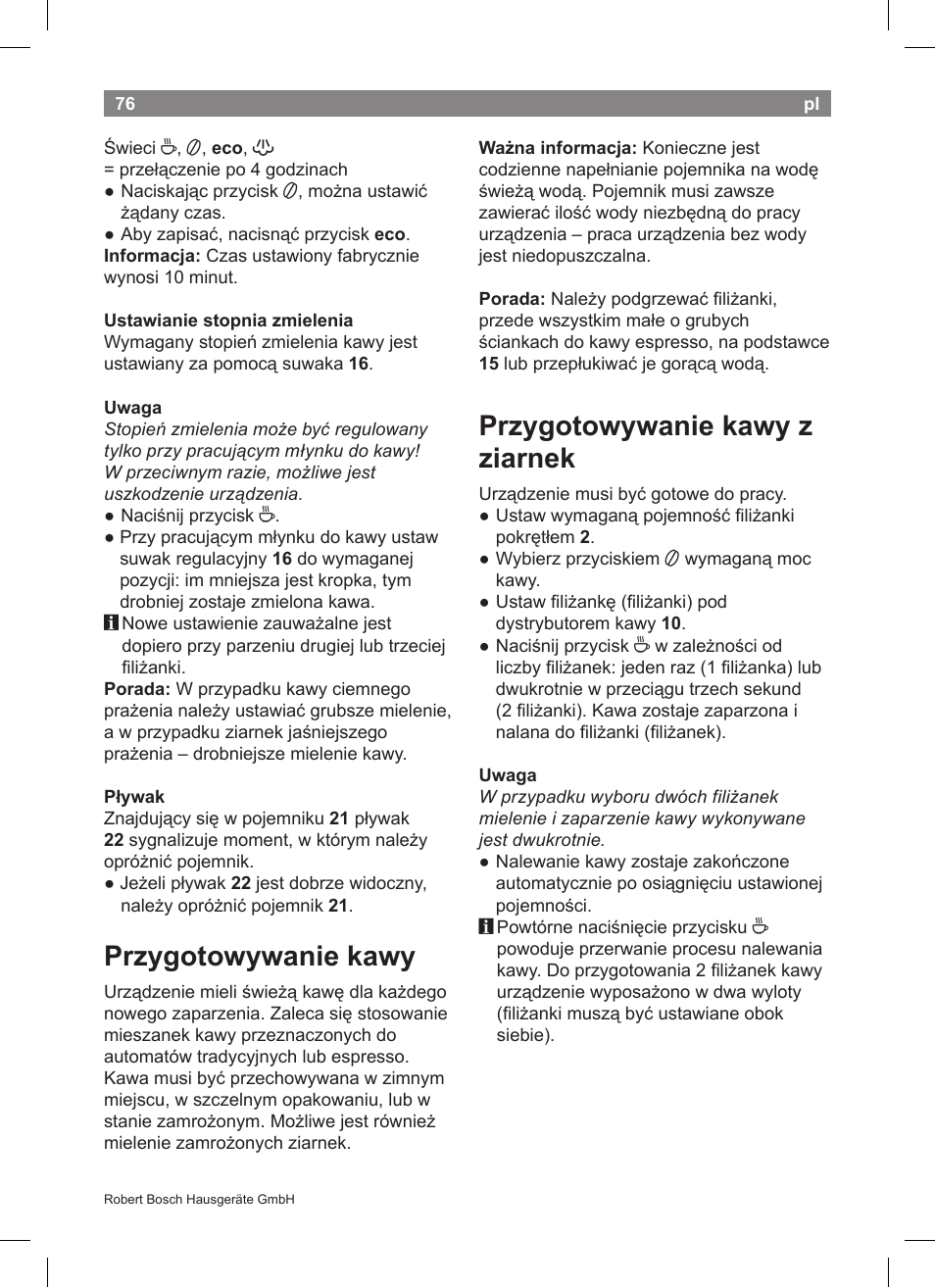 Przygotowywanie kawy, Przygotowywanie kawy z ziarnek | Bosch TCA5608 User Manual | Page 78 / 102