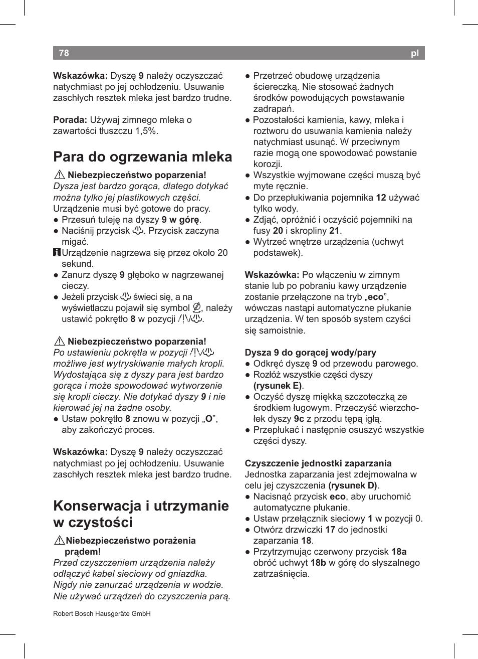 Para do ogrzewania mleka, Konserwacja i utrzymanie w czystości | Bosch TCA5608 User Manual | Page 80 / 102