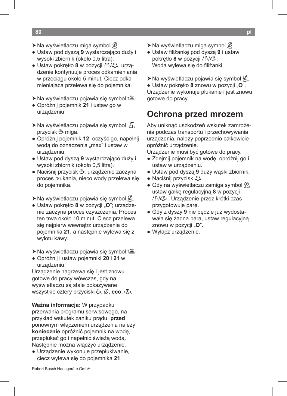 Ochrona przed mrozem | Bosch TCA5608 User Manual | Page 82 / 102