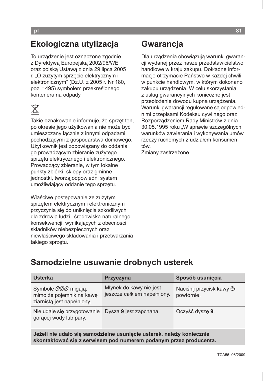 Gwarancja | Bosch TCA5608 User Manual | Page 83 / 102