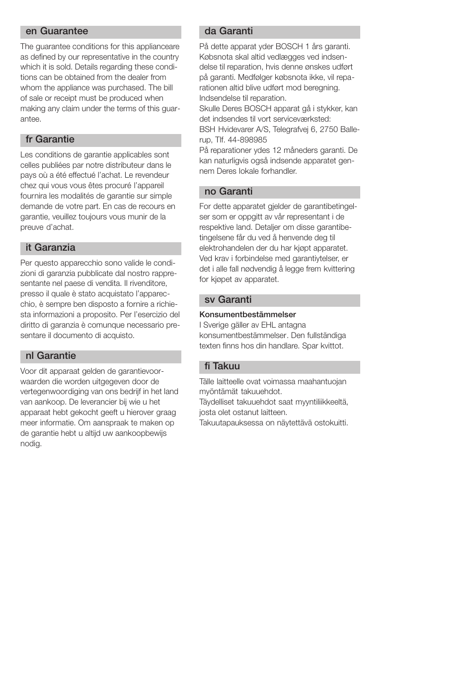 En guarantee, Fr garantie, It garanzia | Nl garantie, Da garanti, No garanti, Sv garanti, Fi takuu | Bosch TCA-4101 User Manual | Page 80 / 86