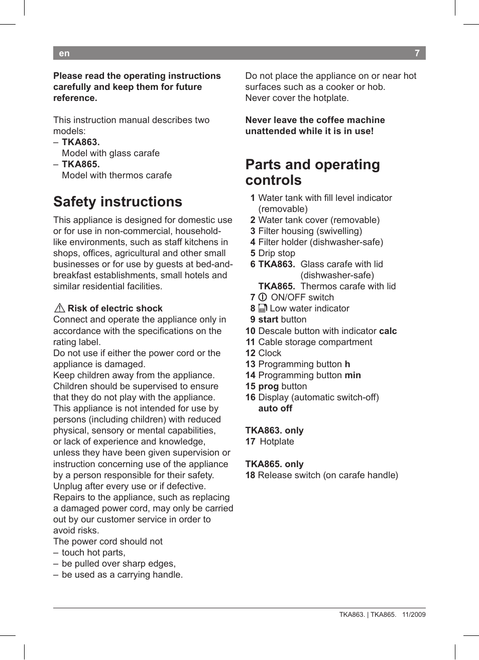 Safety instructions, Parts and operating controls | Bosch TKA8633 User Manual | Page 11 / 96