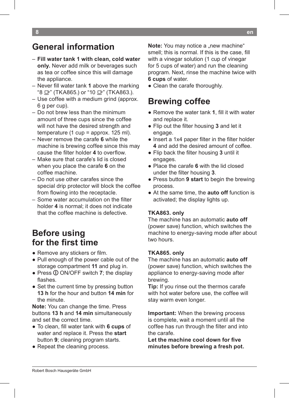 Brewing coffee, General information, Before using for the first time | Bosch TKA8633 User Manual | Page 12 / 96