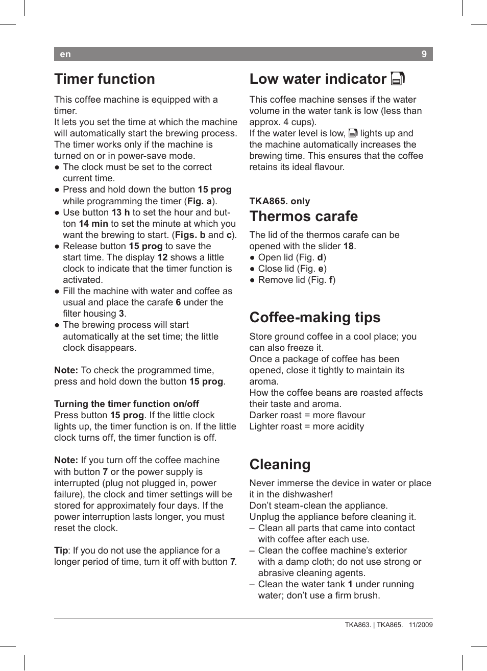 Low water indicator k, Thermos carafe, Coffee-making tips | Cleaning, Timer function | Bosch TKA8633 User Manual | Page 13 / 96