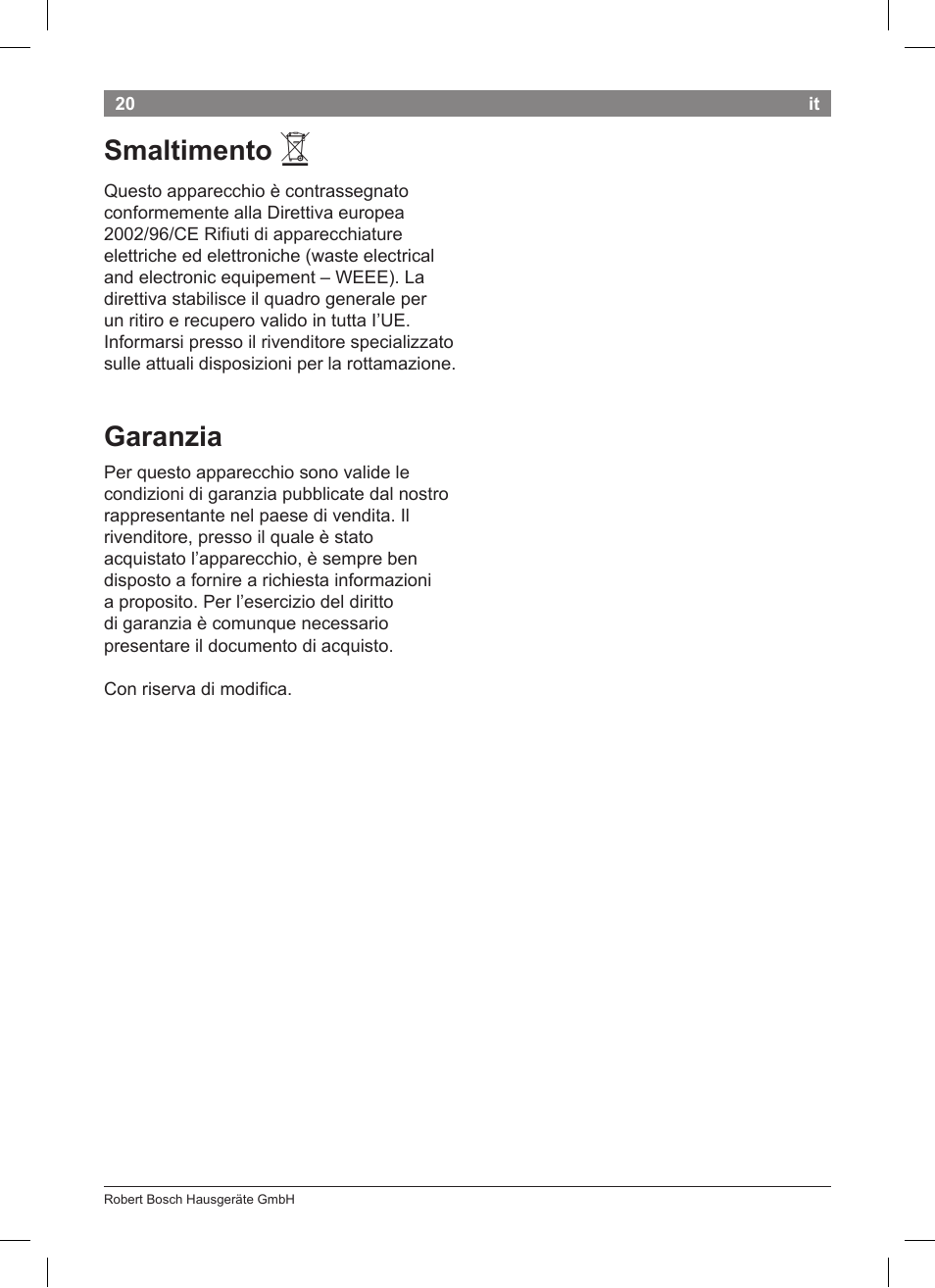 Smaltimento, Garanzia | Bosch TKA8633 User Manual | Page 24 / 96