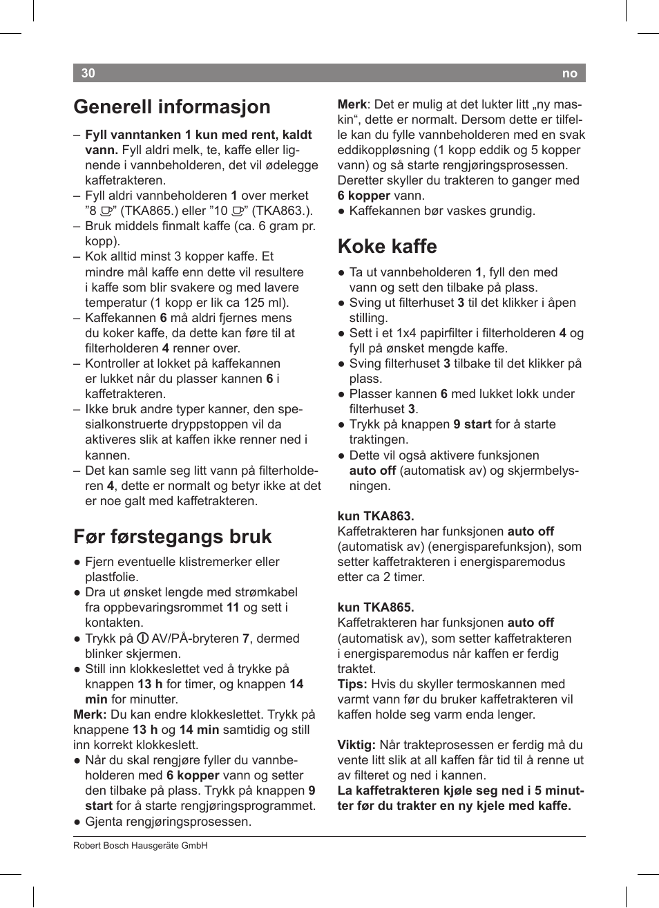 Koke kaffe, Generell informasjon, Før førstegangs bruk | Bosch TKA8633 User Manual | Page 34 / 96