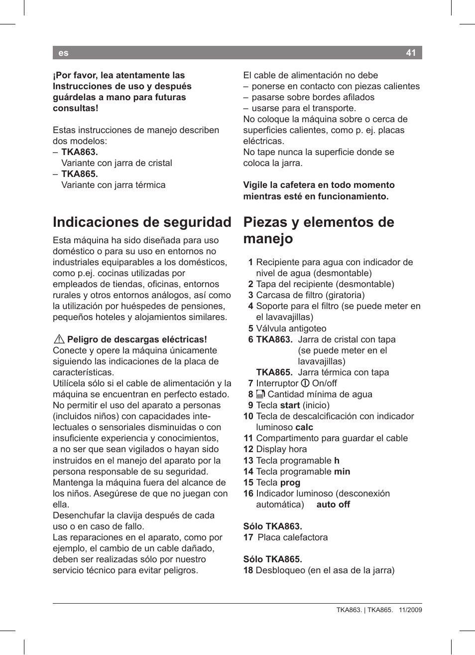 Indicaciones de seguridad, Piezas y elementos de manejo | Bosch TKA8633 User Manual | Page 45 / 96