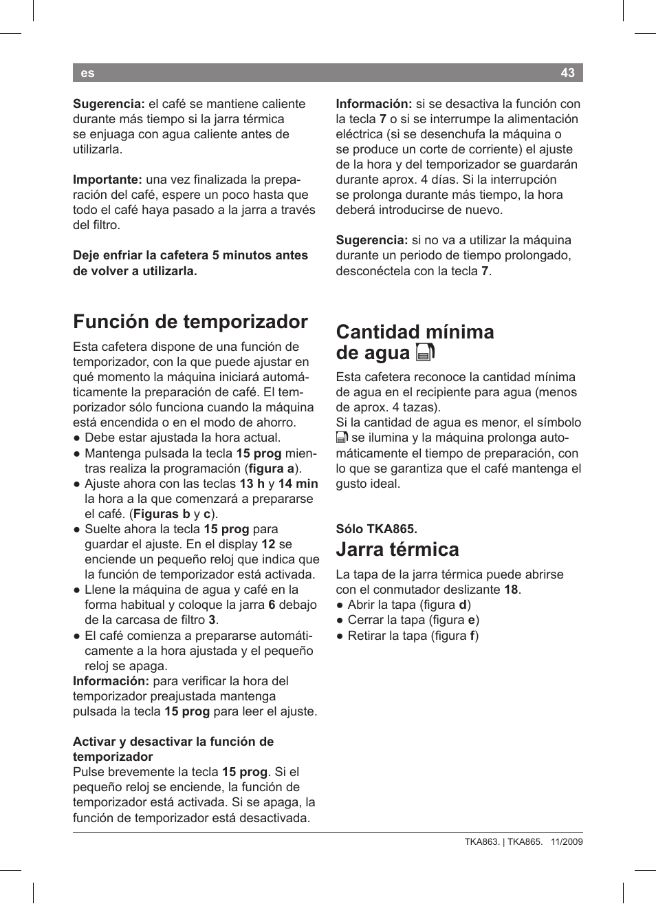 Cantidad mínima de agua k, Jarra térmica, Función de temporizador | Bosch TKA8633 User Manual | Page 47 / 96