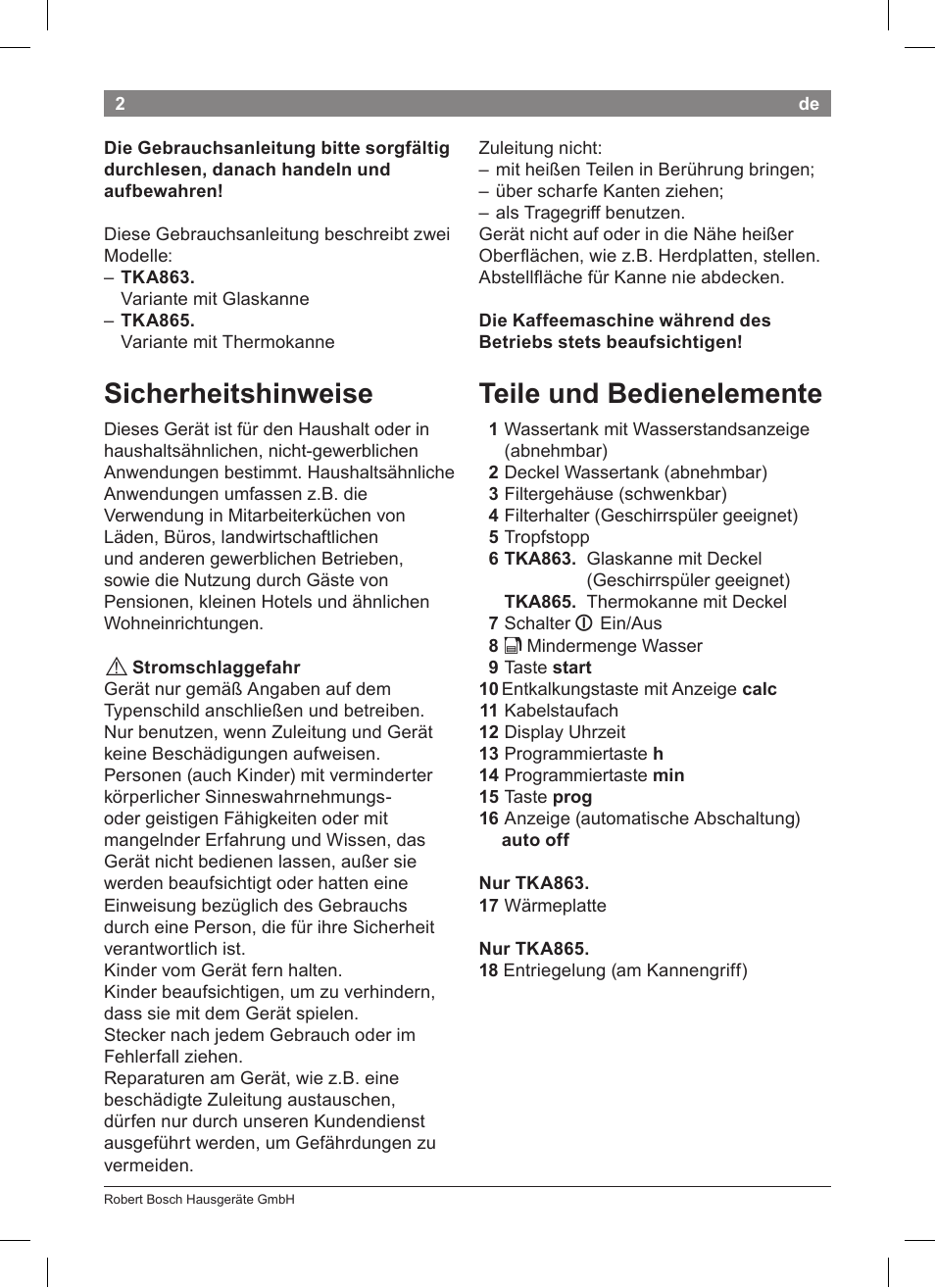 Sicherheitshinweise, Teile und bedienelemente | Bosch TKA8633 User Manual | Page 6 / 96