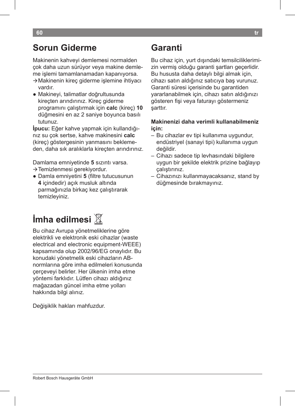 Sorun giderme, Imha edilmesi, Garanti | Bosch TKA8633 User Manual | Page 64 / 96