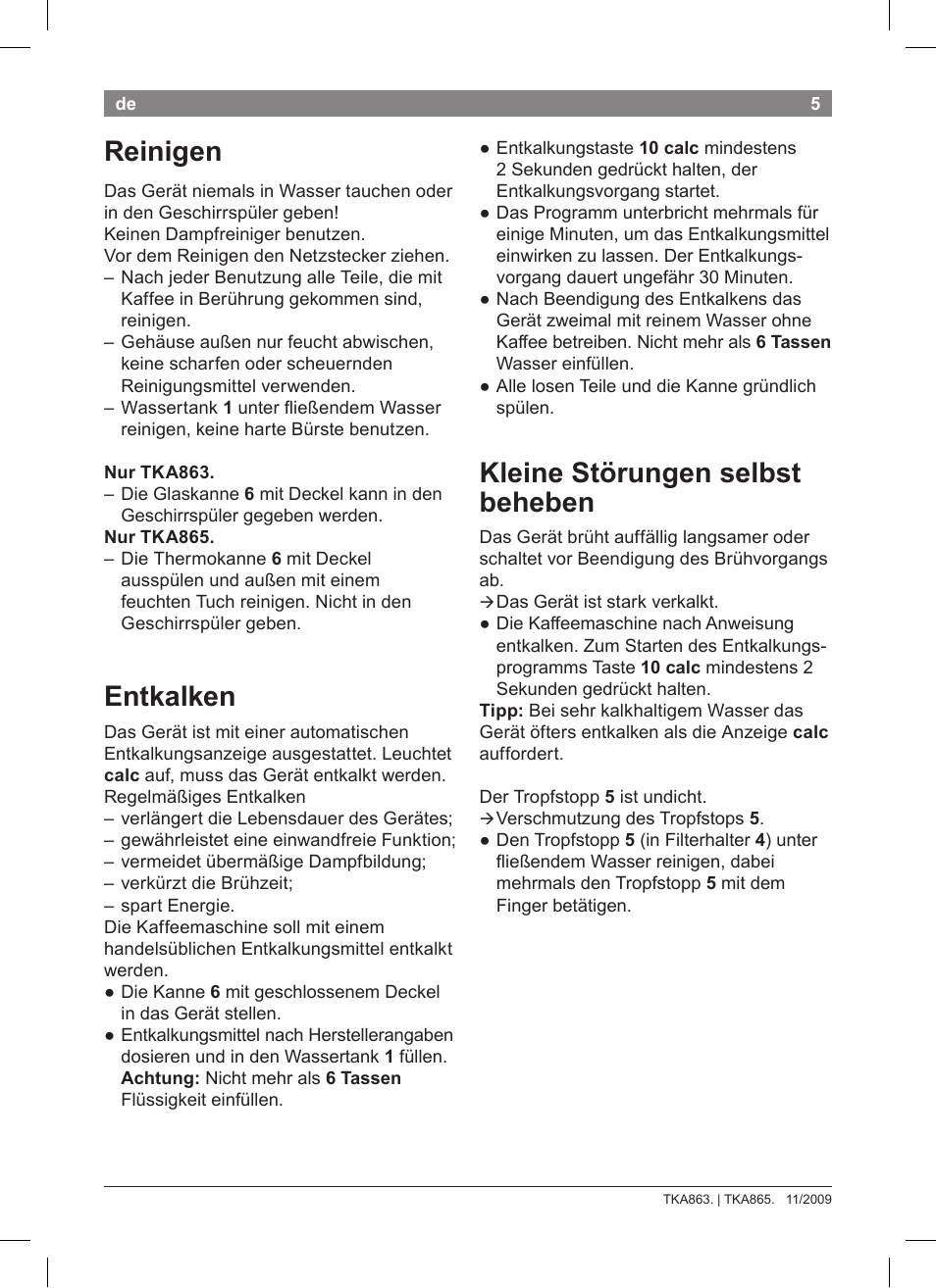 Reinigen, Entkalken, Kleine störungen selbst beheben | Bosch TKA8633 User Manual | Page 9 / 96