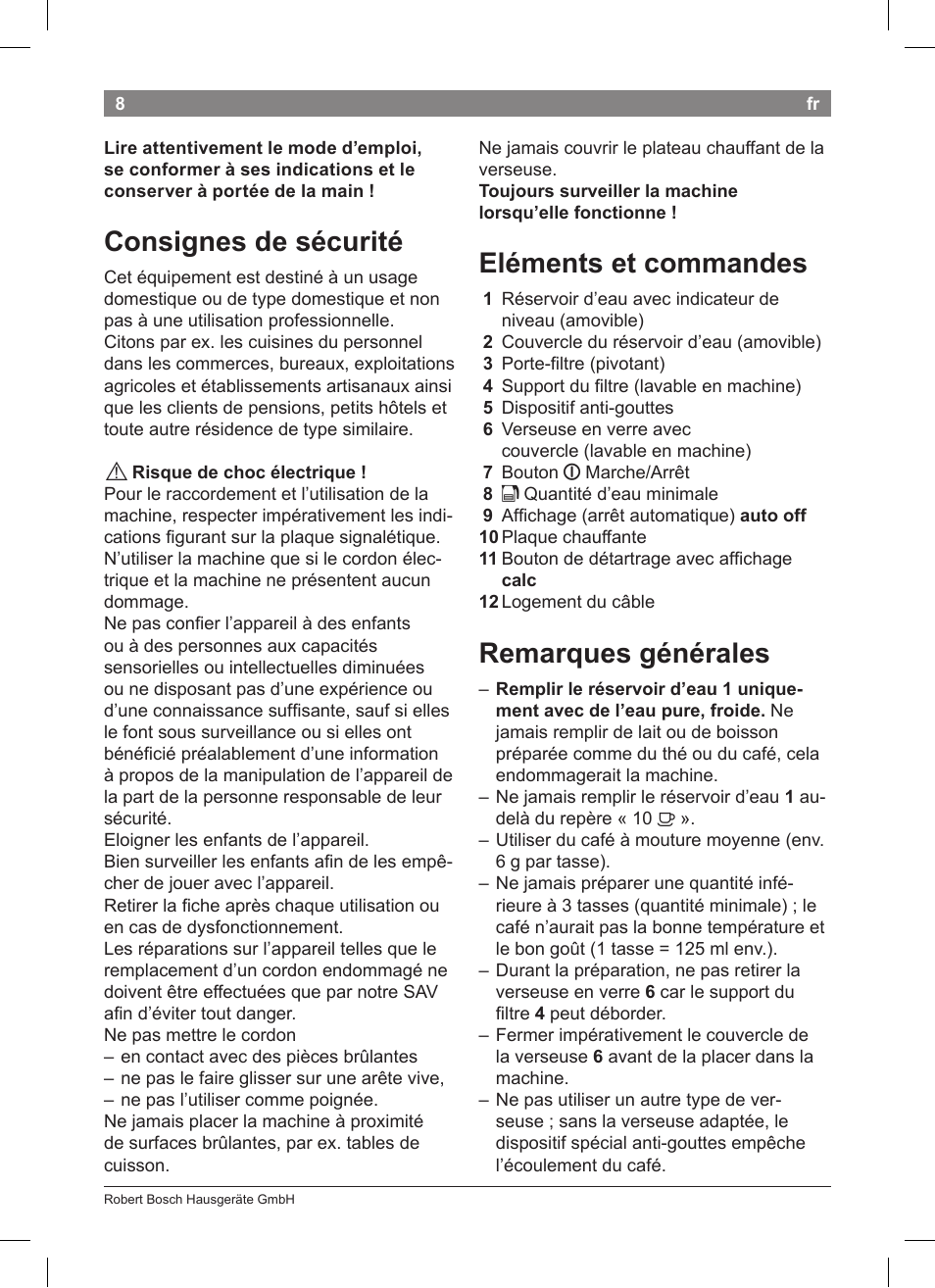 Consignes de sécurité, Eléments et commandes, Remarques générales | Bosch TKA8011 User Manual | Page 10 / 70