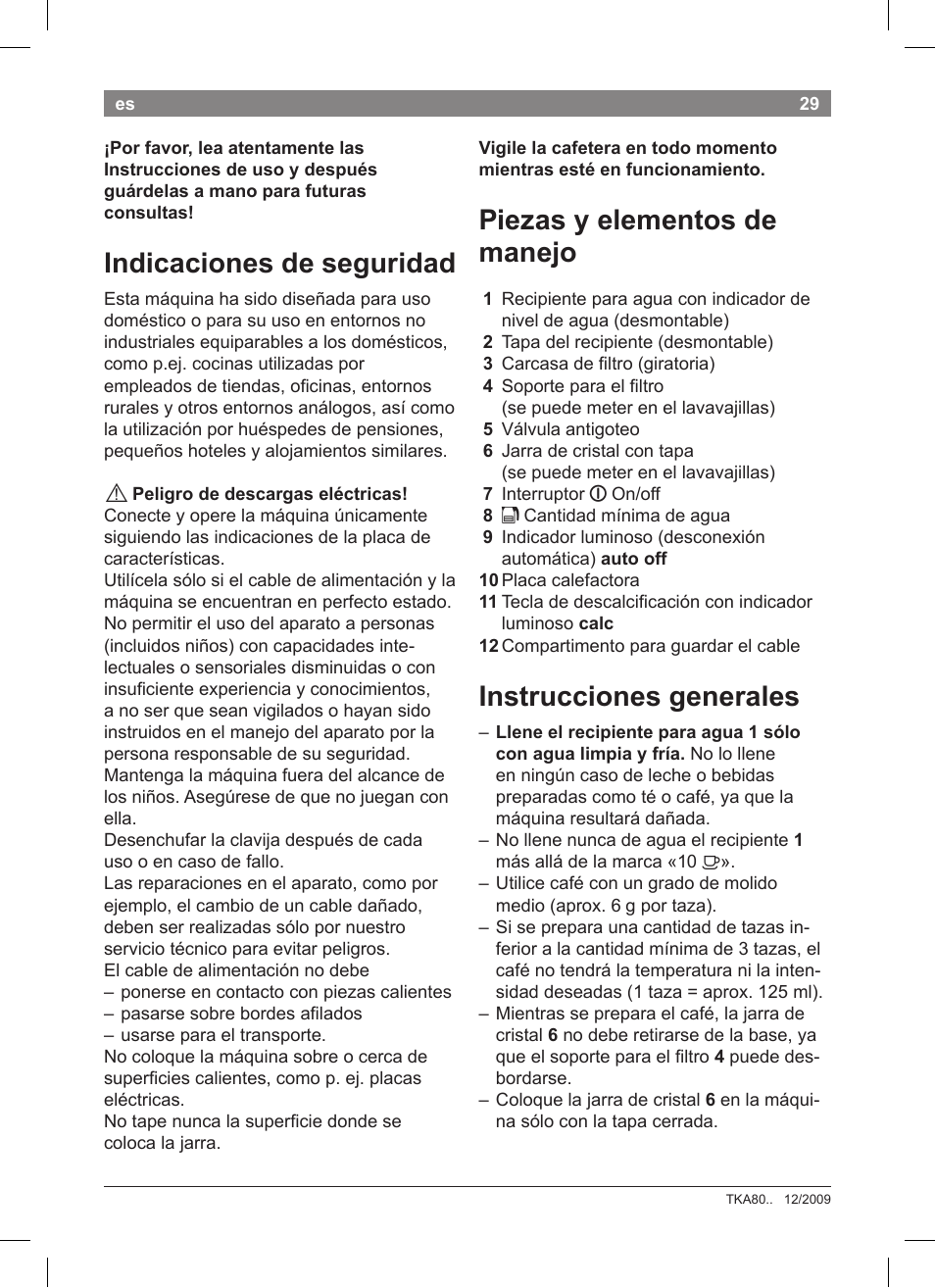 Indicaciones de seguridad, Piezas y elementos de manejo, Instrucciones generales | Bosch TKA8011 User Manual | Page 31 / 70