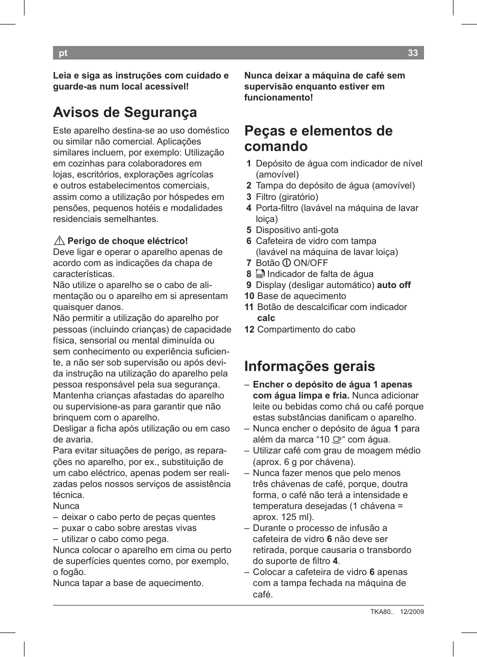 Avisos de segurança, Peças e elementos de comando, Informações gerais | Bosch TKA8011 User Manual | Page 35 / 70