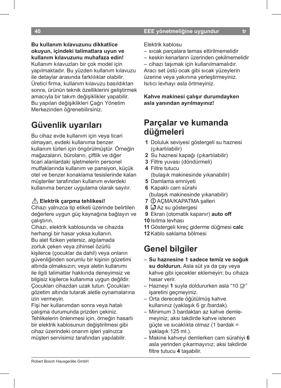 Güvenlik uyarıları, Parçalar ve kumanda düğmeleri, Genel bilgiler | Bosch TKA8011 User Manual | Page 42 / 70