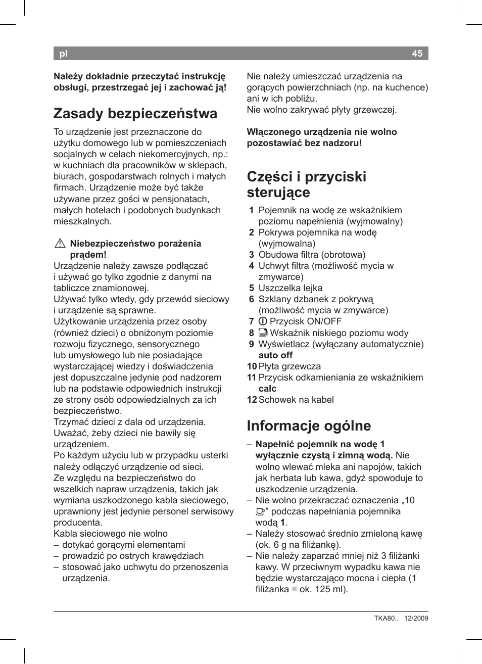 Zasady bezpieczeństwa, Części i przyciski sterujące, Informacje ogólne | Bosch TKA8011 User Manual | Page 47 / 70