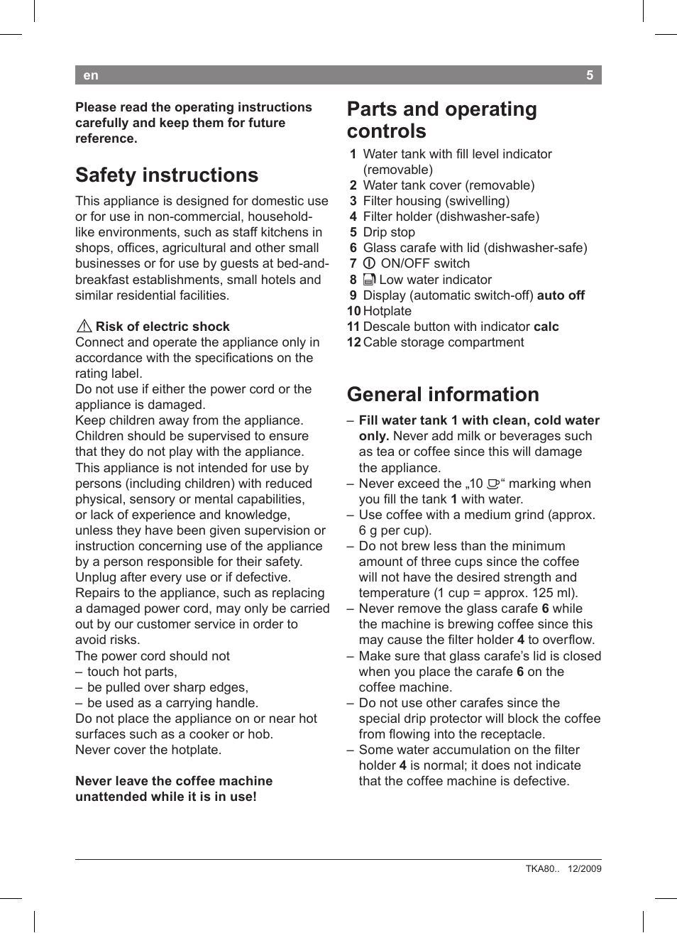 Safety instructions, Parts and operating controls, General information | Bosch TKA8011 User Manual | Page 7 / 70