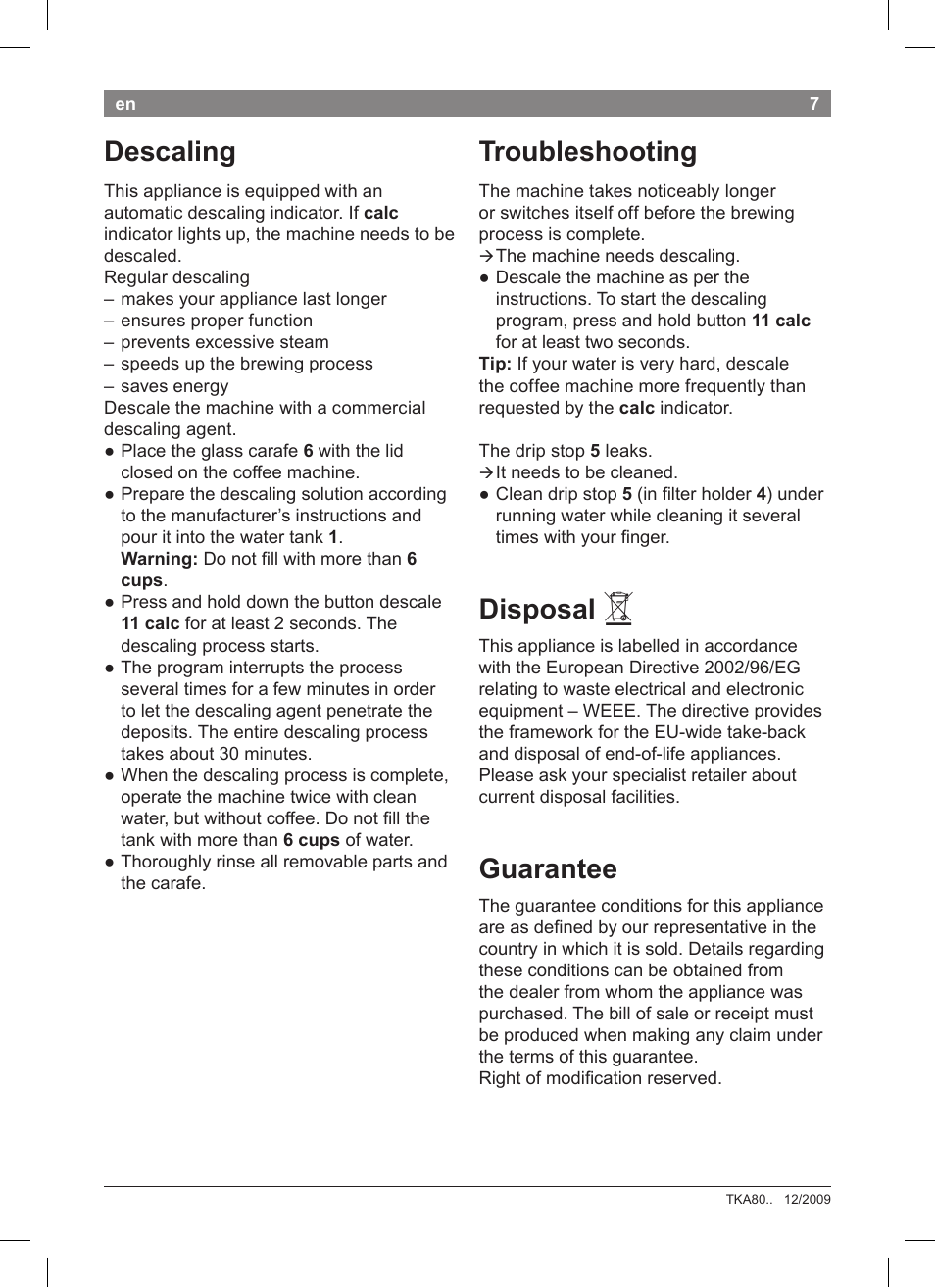 Troubleshooting, Disposal, Guarantee | Descaling | Bosch TKA8011 User Manual | Page 9 / 70