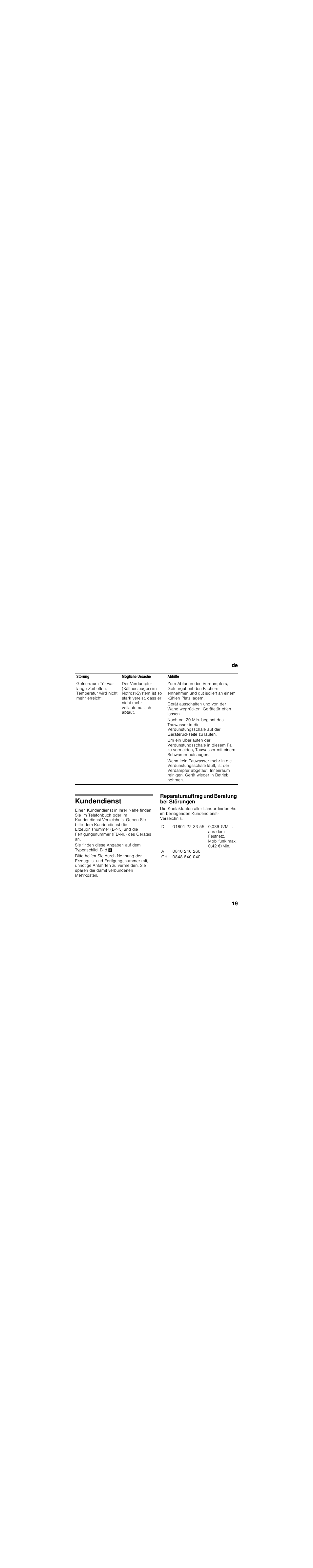 Kundendienst, Reparaturauftrag und beratung bei störungen | Bosch KGN36NL20 Réfrigérateur-congélateur combiné User Manual | Page 19 / 89