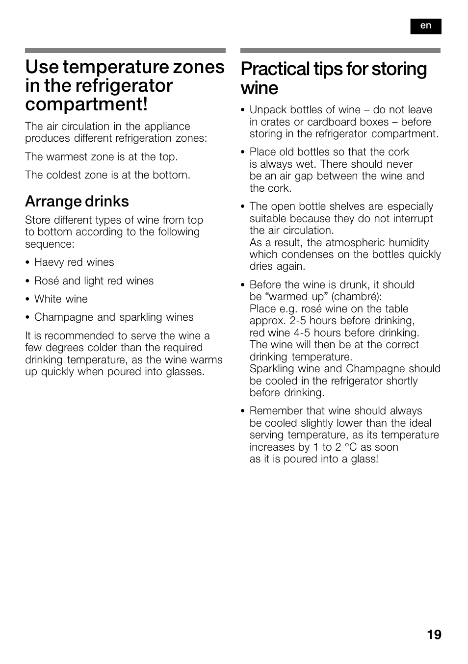 Practical tips for storing wine, Arrange drinks | Bosch KSW30V80 Cave à vin de conservation Confort User Manual | Page 19 / 62