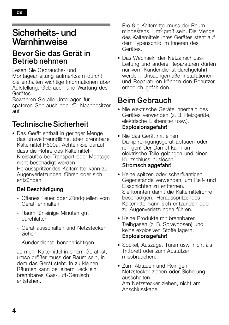 Sicherheits- und warnhinweise, Sicherheitsć und warnhinweise, Bevor sie das gerät in betrieb nehmen | Technische sicherheit, Beim gebrauch | Bosch KSW30V80 Cave à vin de conservation Confort User Manual | Page 4 / 62