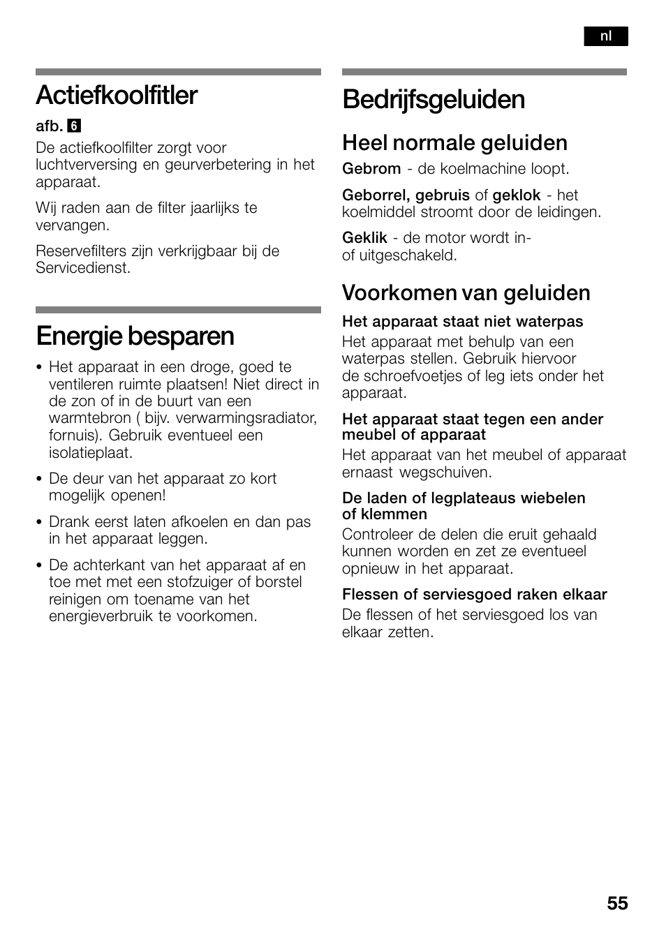 Actiefkoolfitler, Energie besparen, Bedrijfsgeluiden | Heel normale geluiden, Voorkomen van geluiden | Bosch KSW30V80 Cave à vin de conservation Confort User Manual | Page 55 / 62