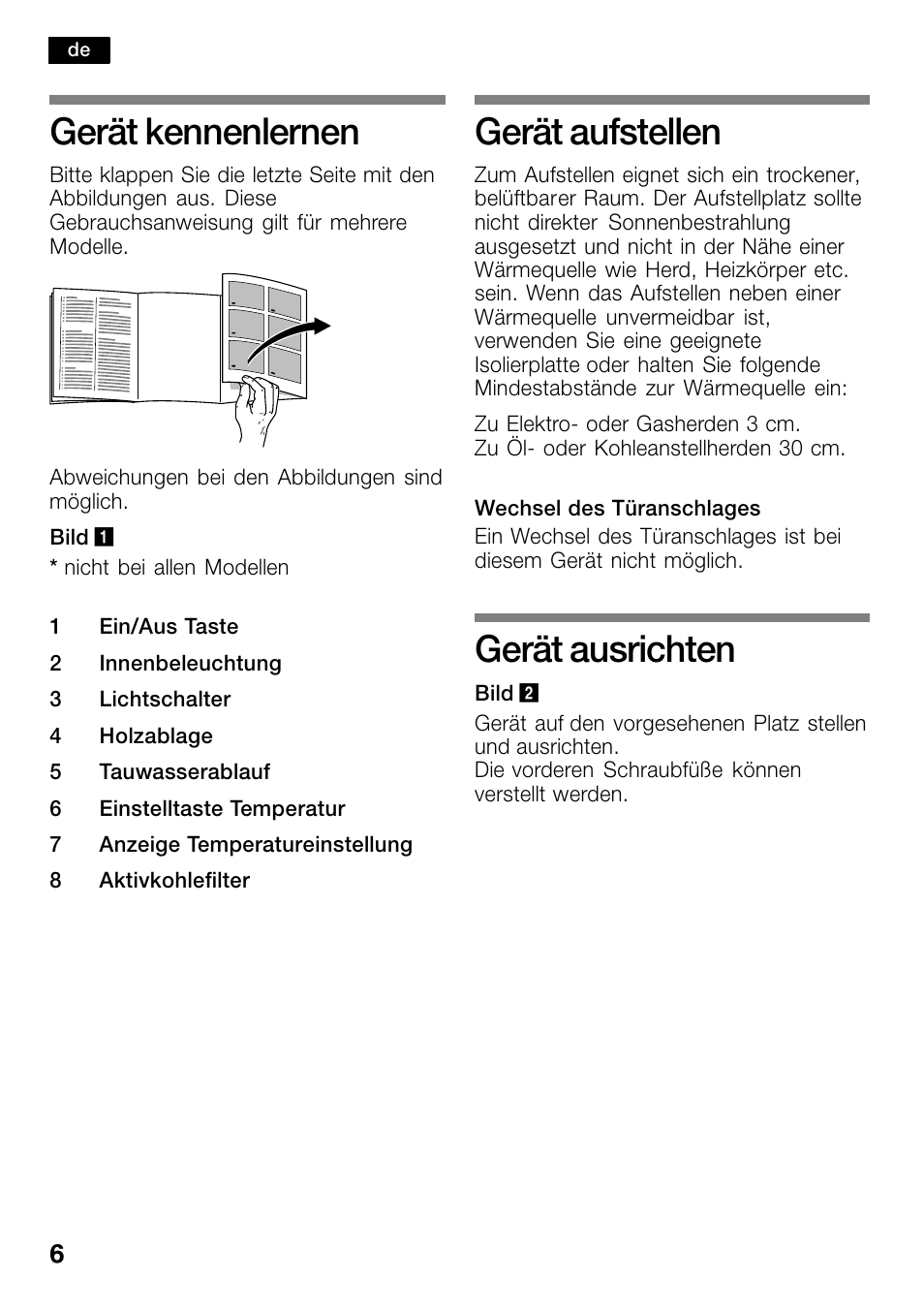 Gerät kennenlernen, Gerät aufstellen, Gerät ausrichten | Bosch KSW30V80 Cave à vin de conservation Confort User Manual | Page 6 / 62
