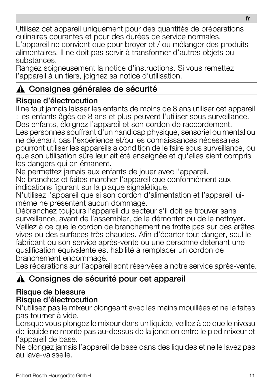 Consignes générales de sécurité, Consignes de sécurité pour cet appareil | Bosch MSM66110 Mixeur plongeant blanc gris User Manual | Page 11 / 91