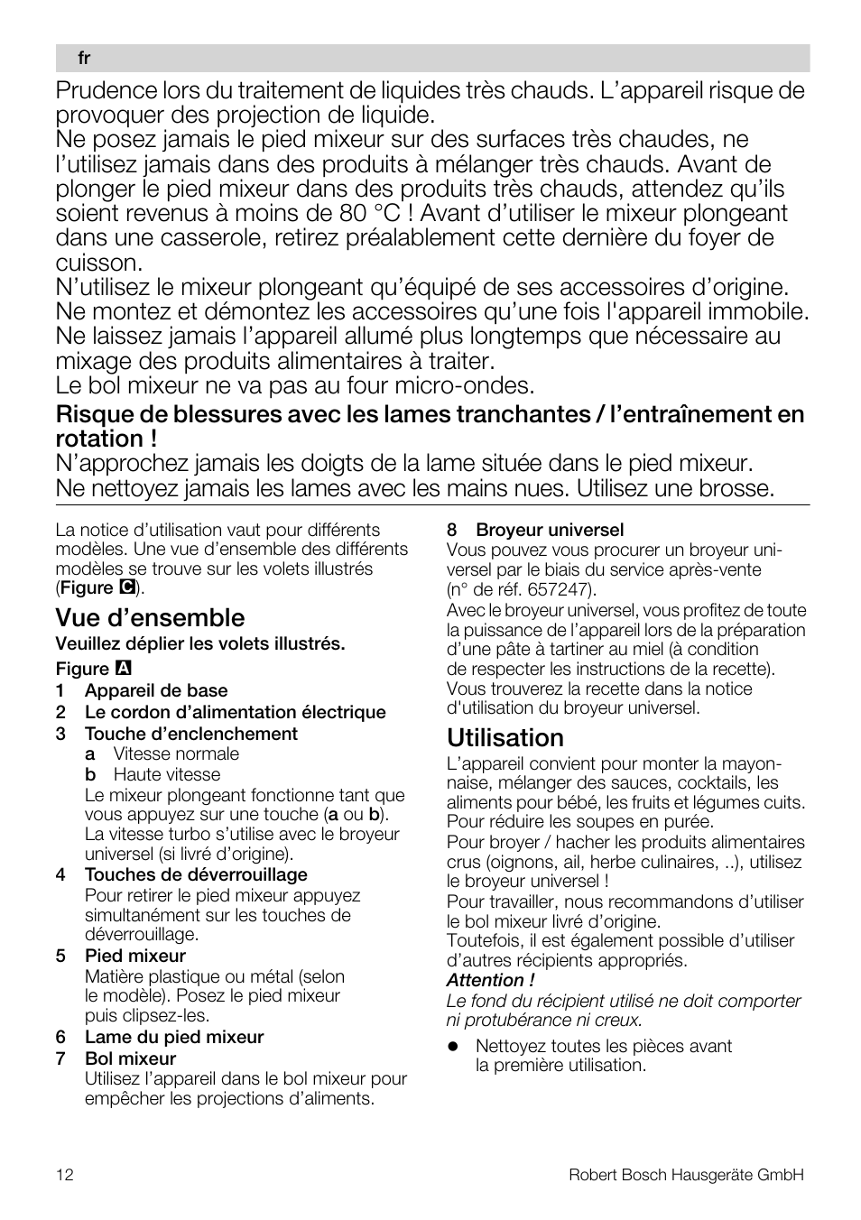 Vue d’ensemble, Utilisation | Bosch MSM66110 Mixeur plongeant blanc gris User Manual | Page 12 / 91