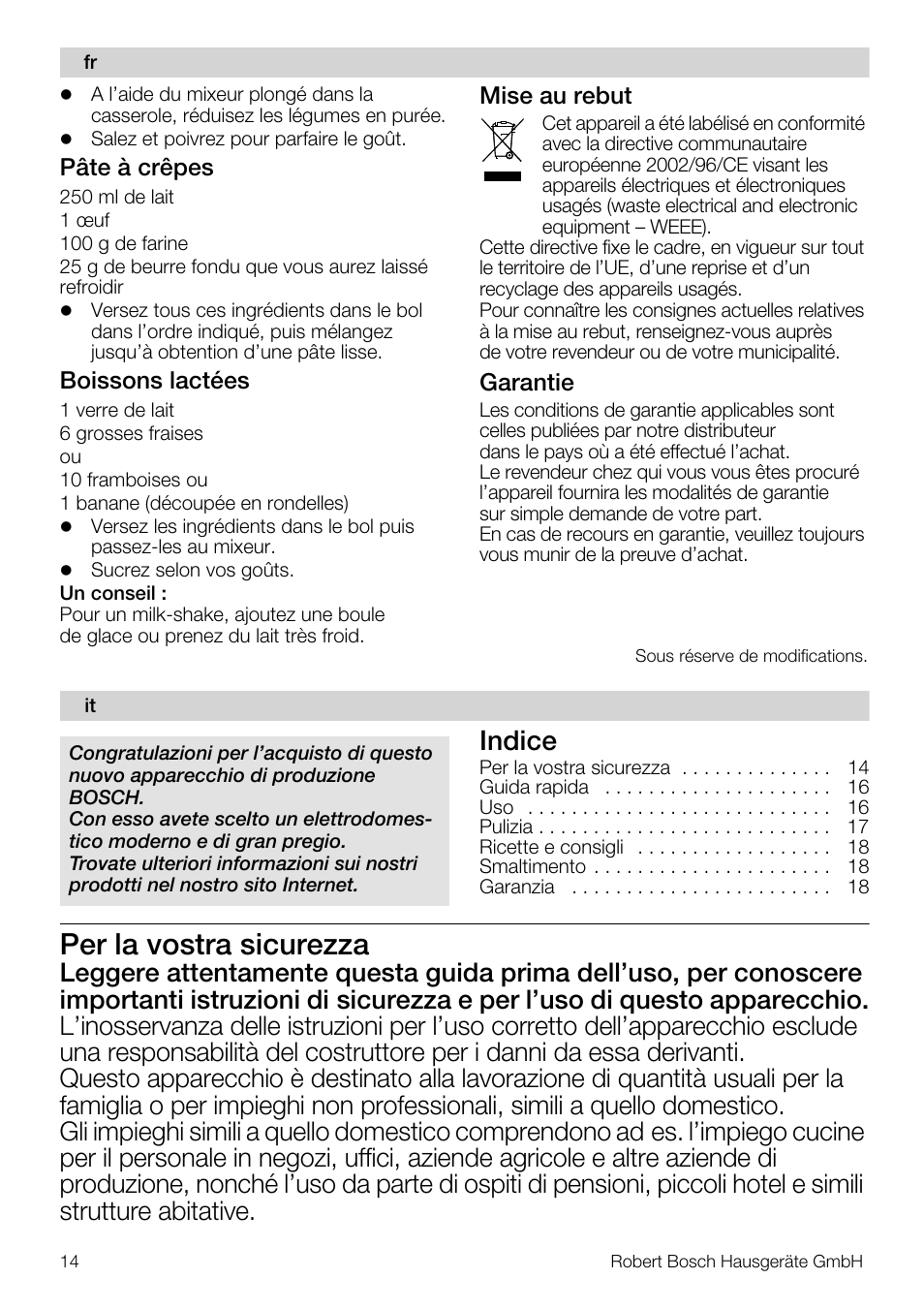 Per la vostra sicurezza, Indice | Bosch MSM66110 Mixeur plongeant blanc gris User Manual | Page 14 / 91