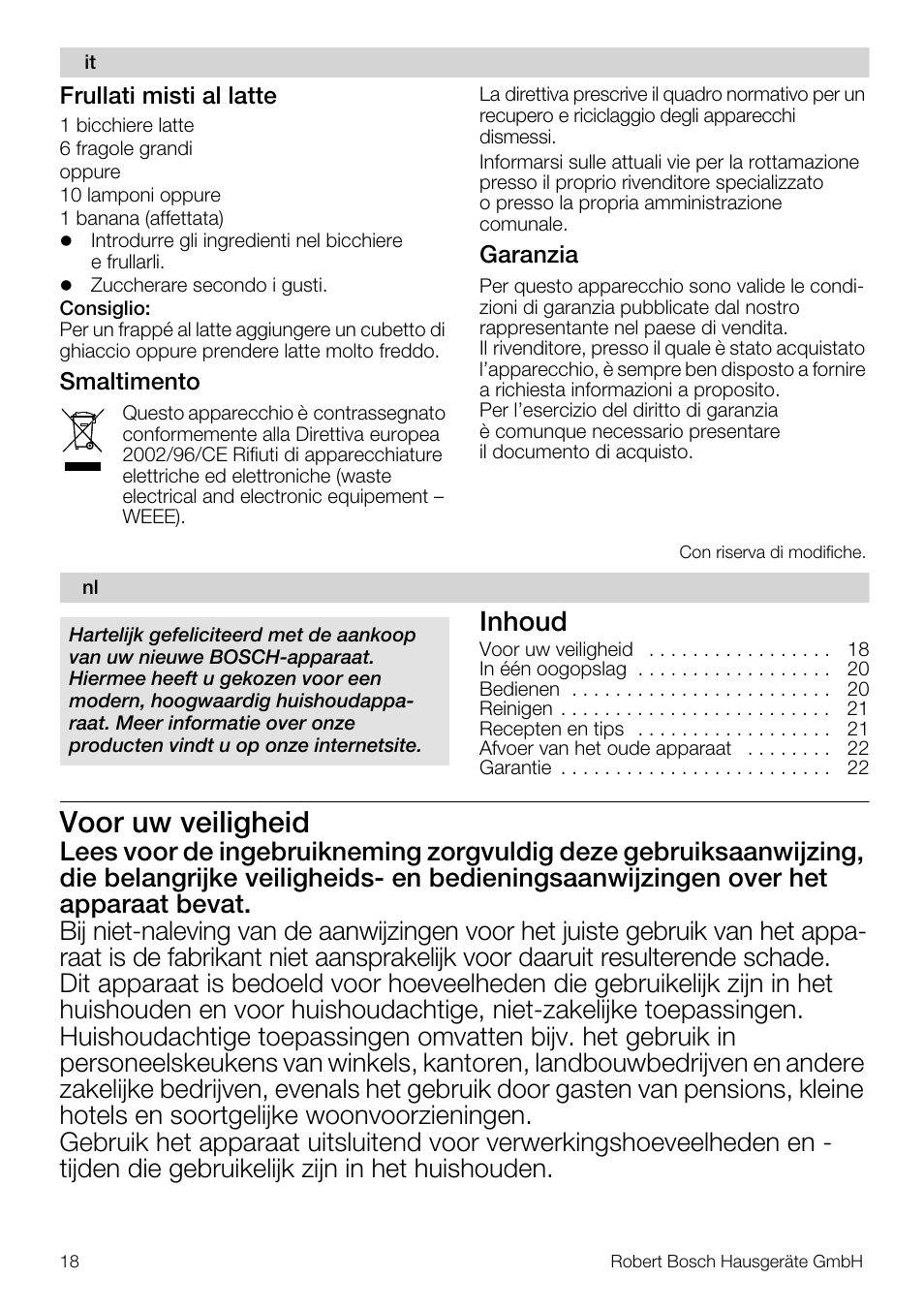 Voor uw veiligheid, Inhoud | Bosch MSM66110 Mixeur plongeant blanc gris User Manual | Page 18 / 91