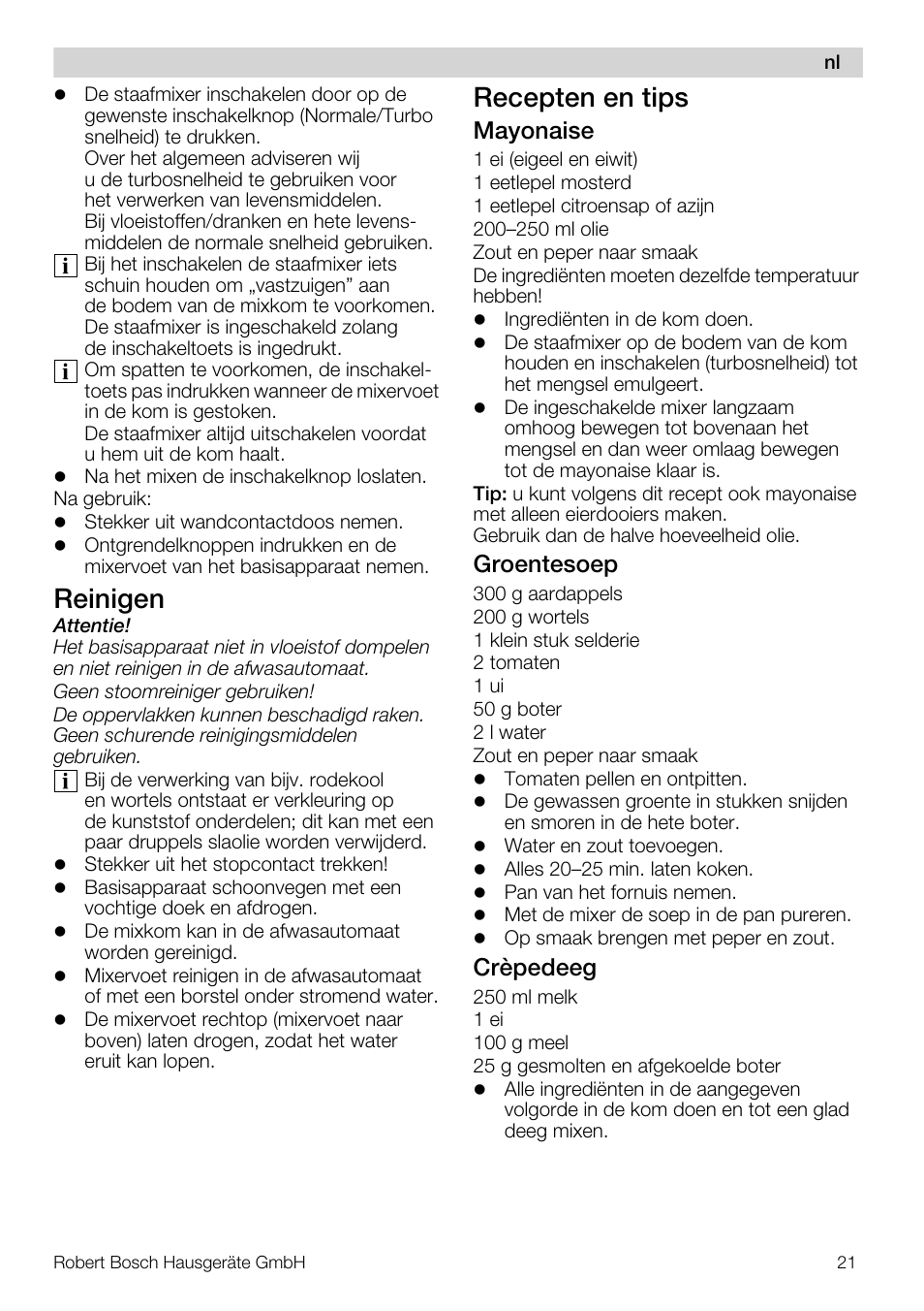 Reinigen, Recepten en tips, Mayonaise | Groentesoep, Crèpedeeg | Bosch MSM66110 Mixeur plongeant blanc gris User Manual | Page 21 / 91