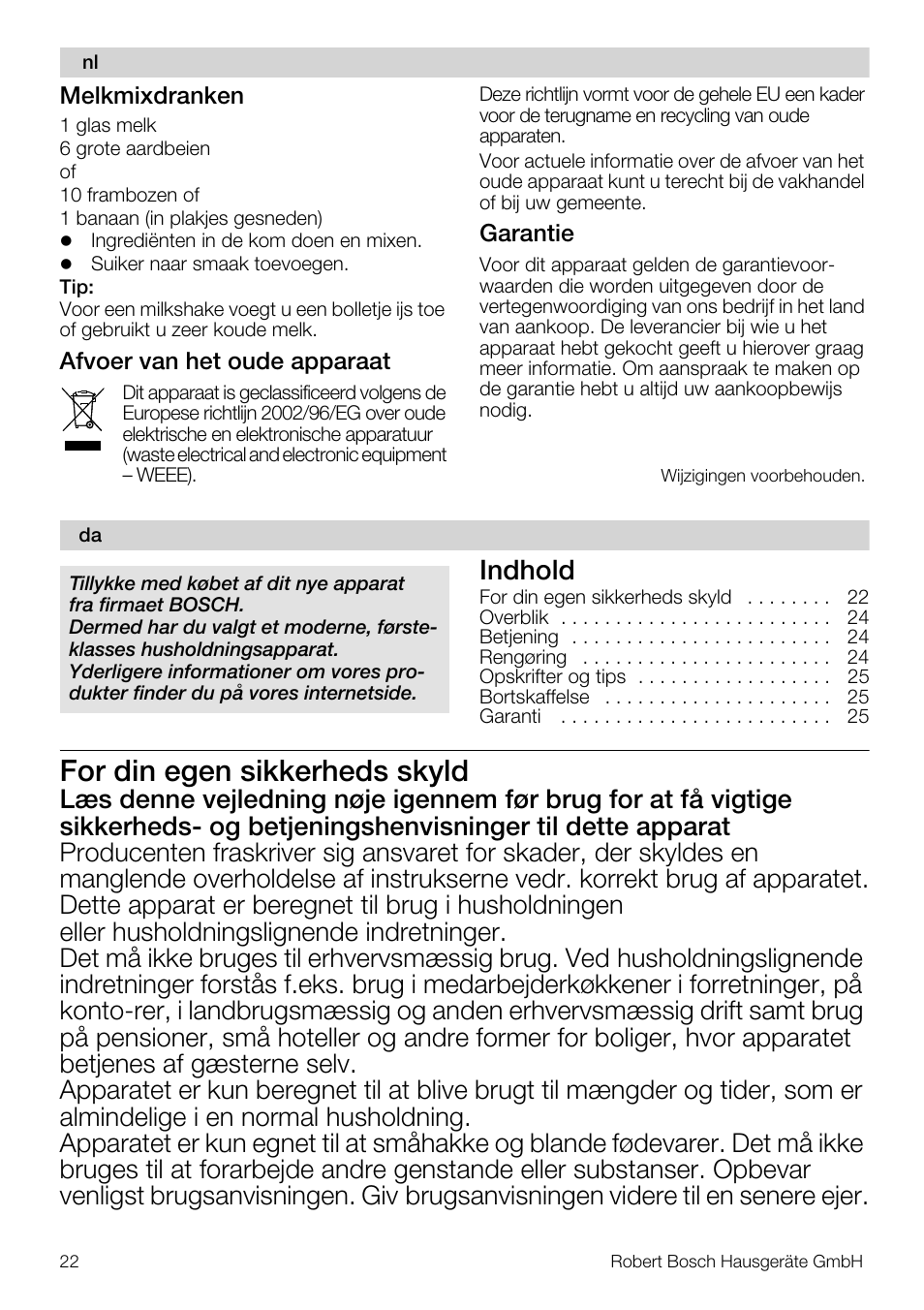 For din egen sikkerheds skyld, Indhold | Bosch MSM66110 Mixeur plongeant blanc gris User Manual | Page 22 / 91