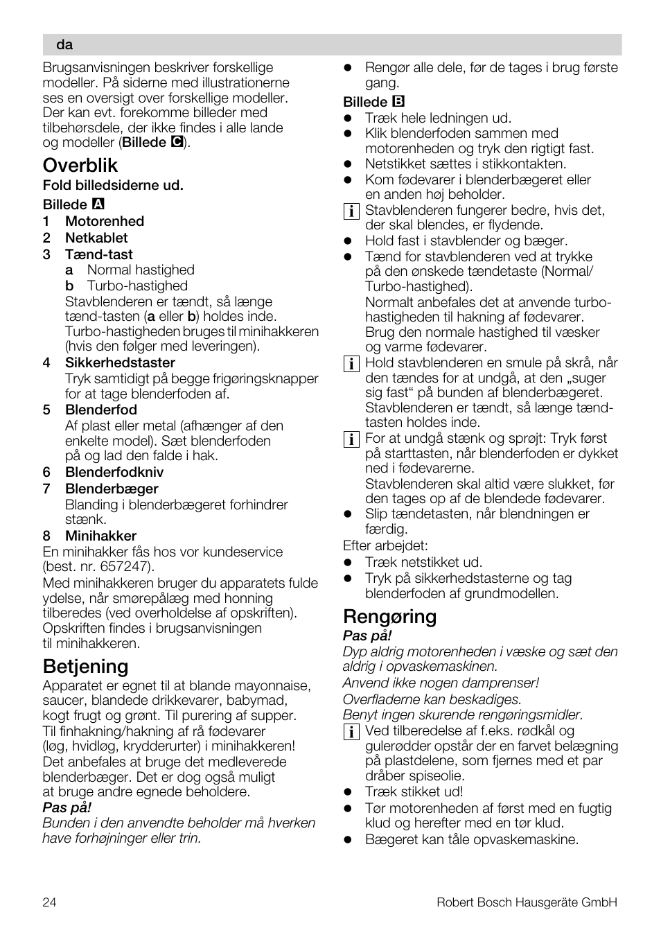 Overblik, Betjening, Rengøring | Bosch MSM66110 Mixeur plongeant blanc gris User Manual | Page 24 / 91