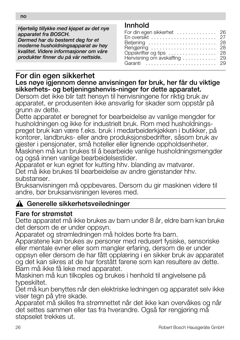 For din egen sikkerhet, Innhold | Bosch MSM66110 Mixeur plongeant blanc gris User Manual | Page 26 / 91