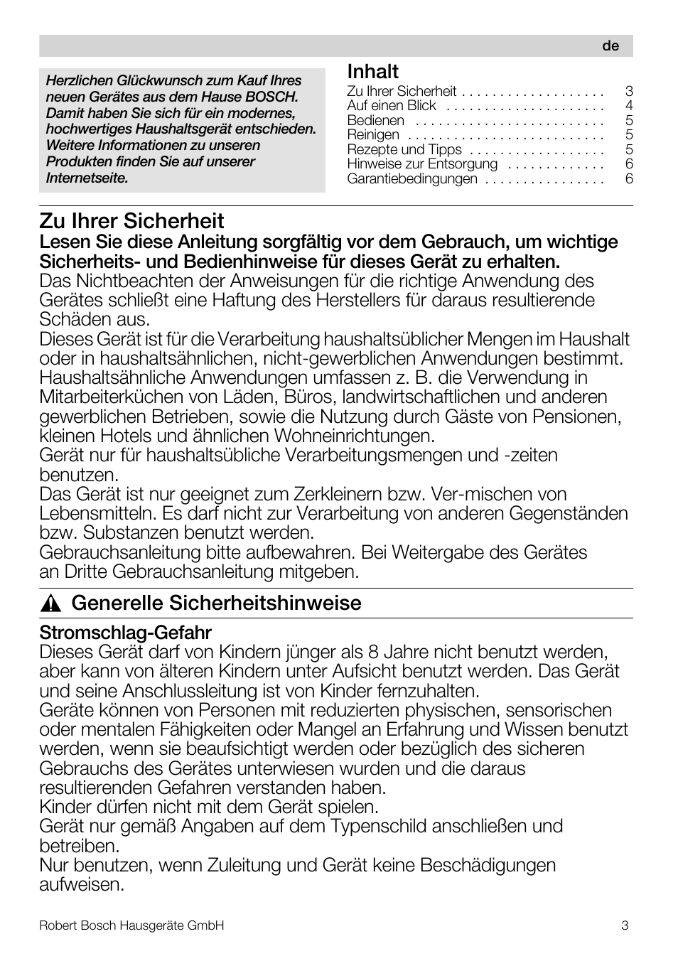 Zu ihrer sicherheit, Generelle sicherheitshinweise, Inhalt | Bosch MSM66110 Mixeur plongeant blanc gris User Manual | Page 3 / 91