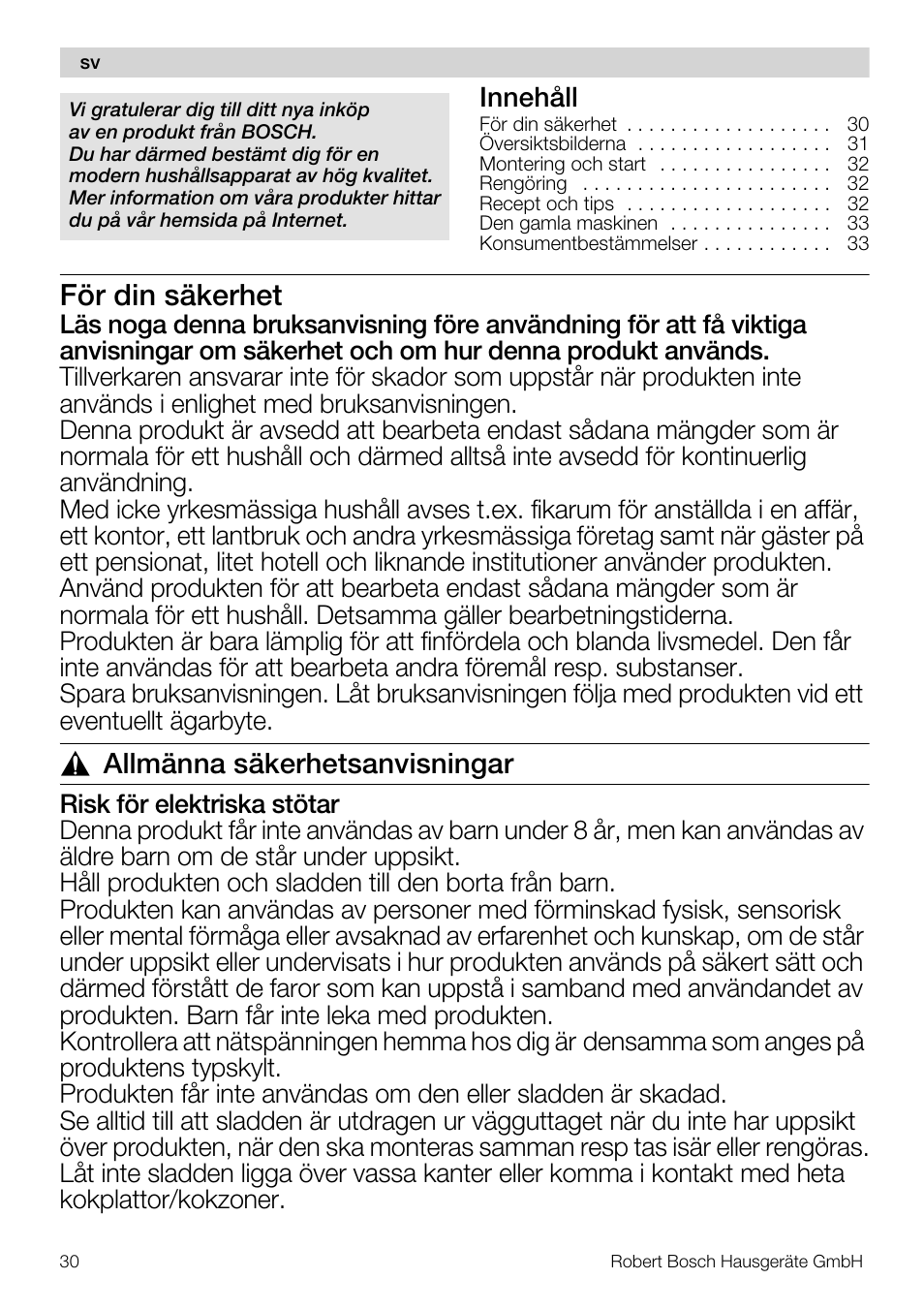För din säkerhet, Allmänna säkerhetsanvisningar, Innehåll | Bosch MSM66110 Mixeur plongeant blanc gris User Manual | Page 30 / 91