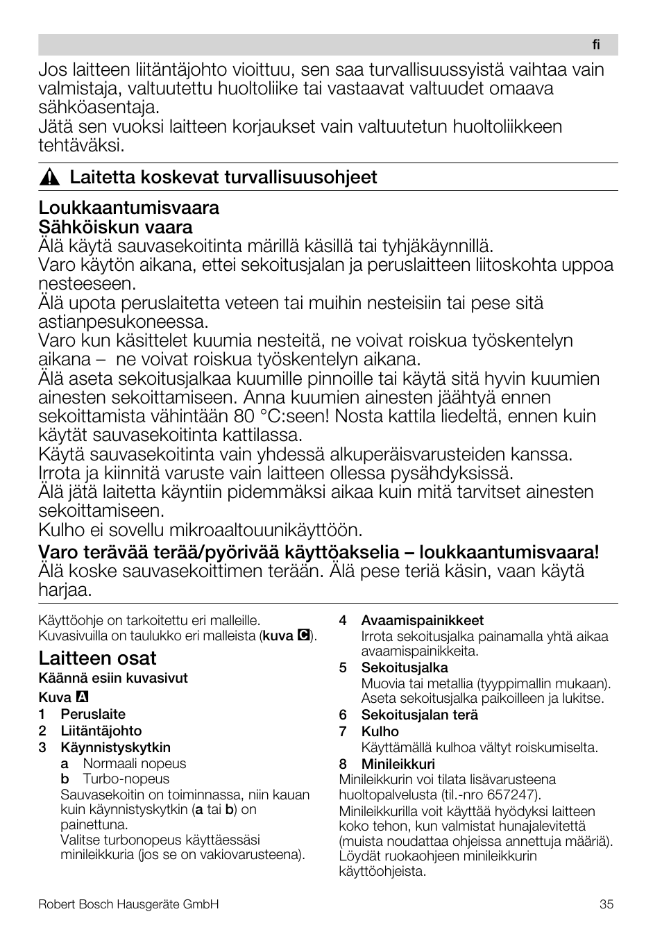 Laitteen osat | Bosch MSM66110 Mixeur plongeant blanc gris User Manual | Page 35 / 91