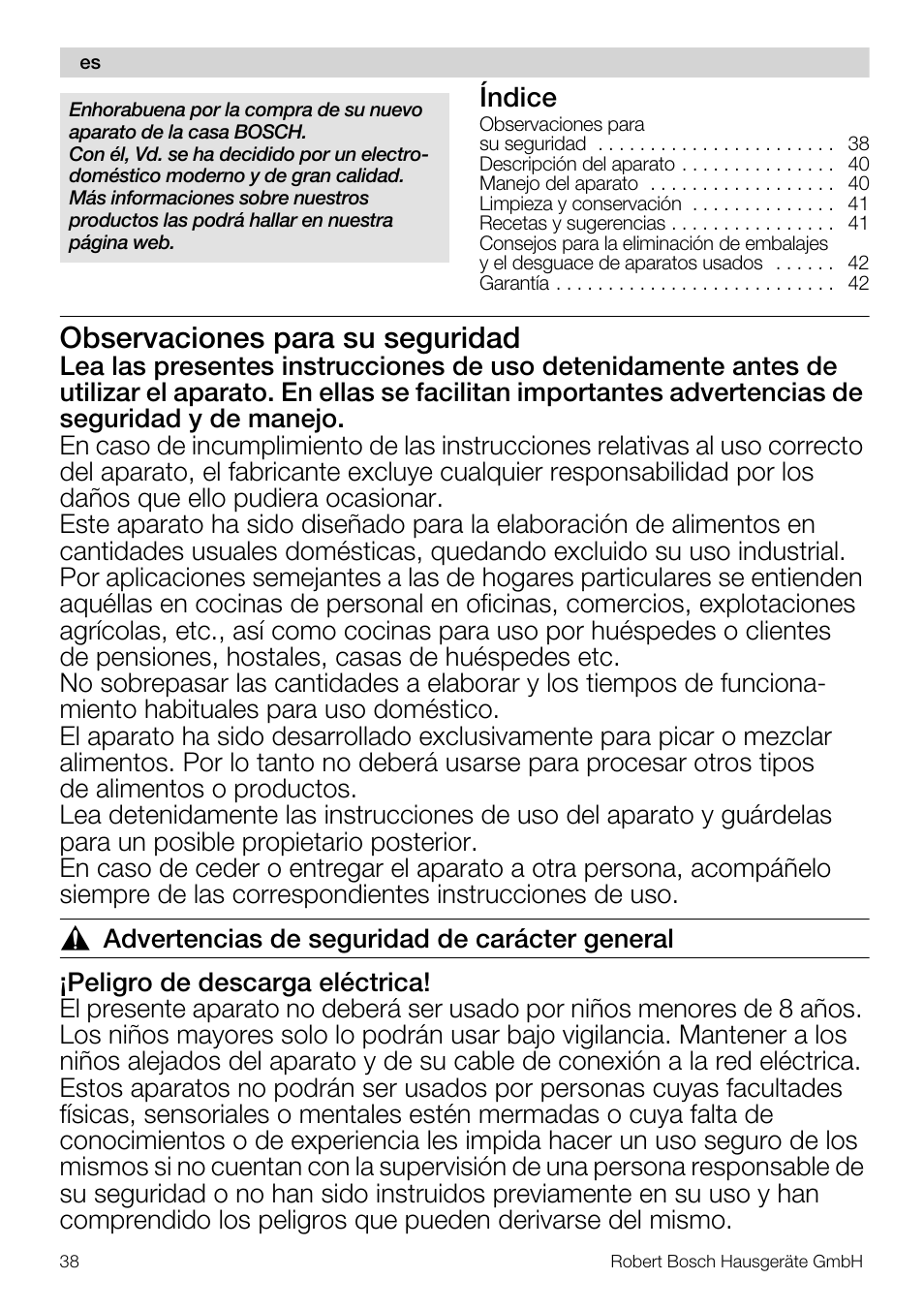 Observaciones para su seguridad, Índice | Bosch MSM66110 Mixeur plongeant blanc gris User Manual | Page 38 / 91