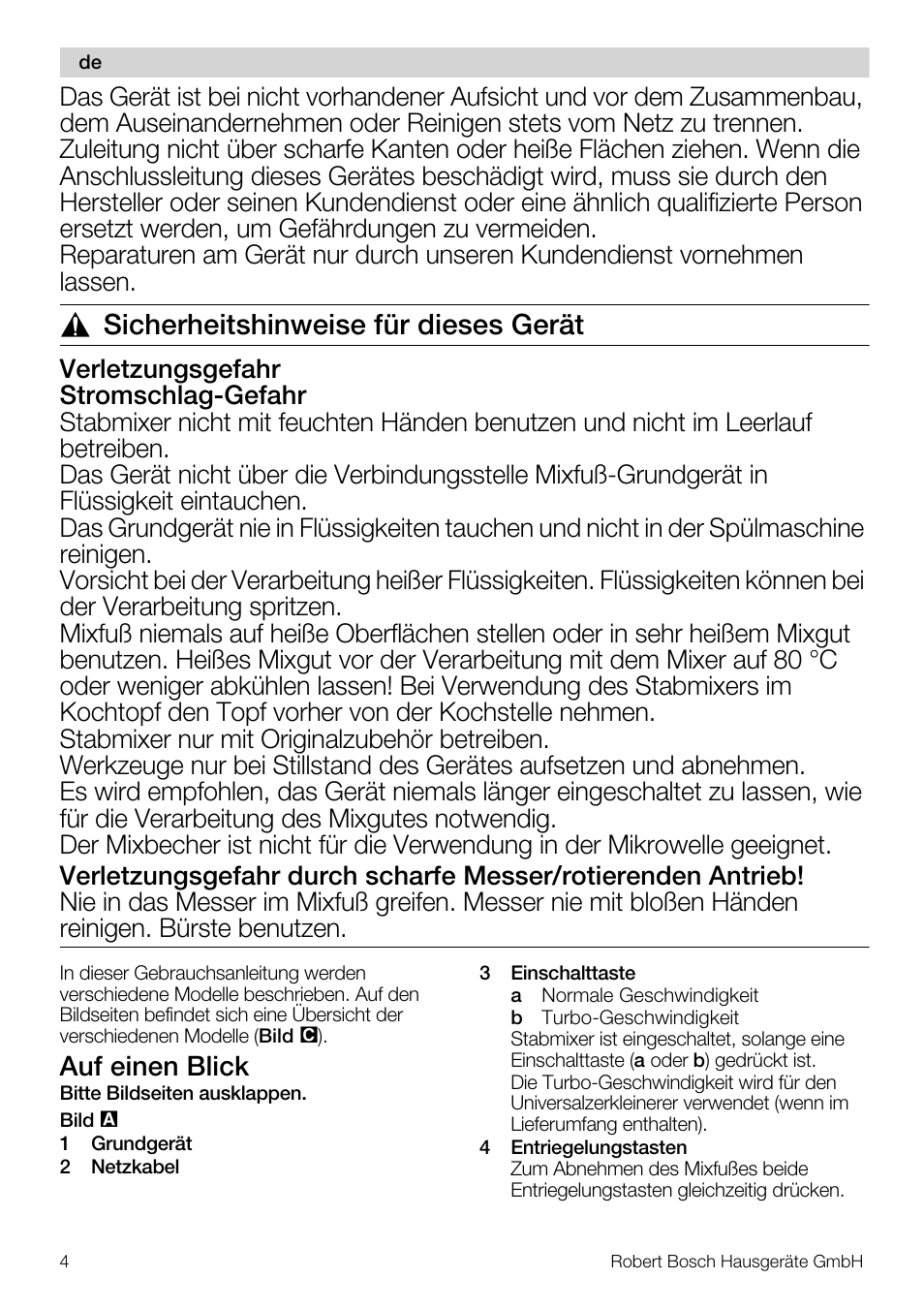 Sicherheitshinweise für dieses gerät, Auf einen blick | Bosch MSM66110 Mixeur plongeant blanc gris User Manual | Page 4 / 91