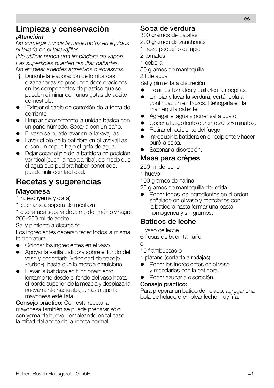 Limpieza y conservación, Recetas y sugerencias, Mayonesa | Sopa de verdura, Masa para crêpes, Batidos de leche | Bosch MSM66110 Mixeur plongeant blanc gris User Manual | Page 41 / 91