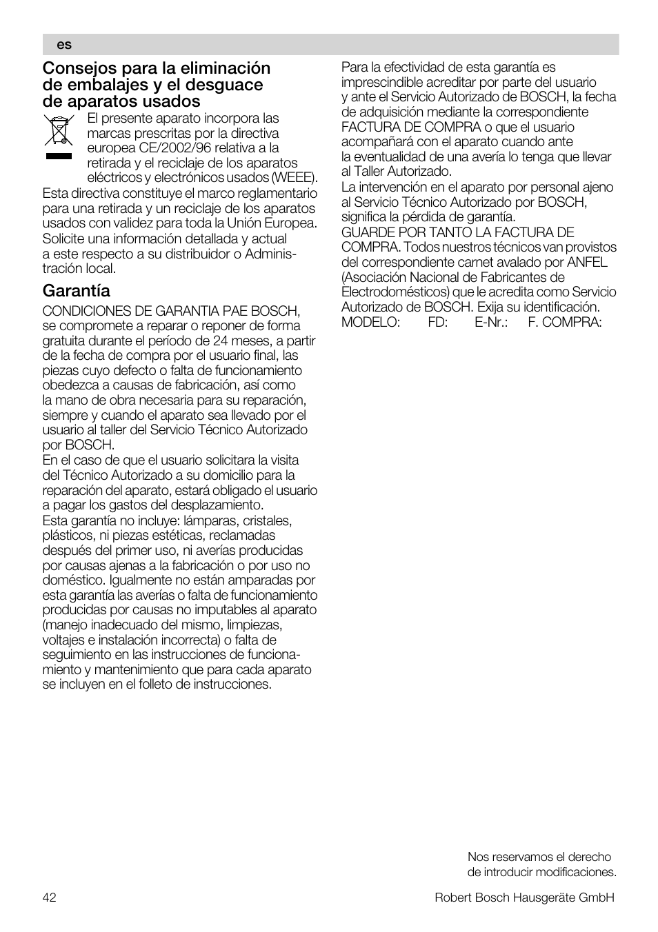 Garantía | Bosch MSM66110 Mixeur plongeant blanc gris User Manual | Page 42 / 91