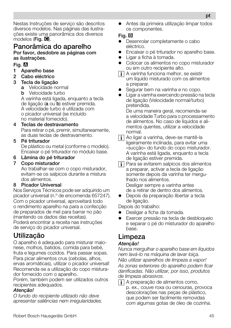 Panorâmica do aparelho, Utilização, Limpeza | Bosch MSM66110 Mixeur plongeant blanc gris User Manual | Page 45 / 91