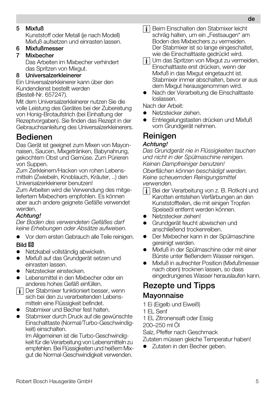 Bedienen, Reinigen, Rezepte und tipps | Mayonnaise | Bosch MSM66110 Mixeur plongeant blanc gris User Manual | Page 5 / 91