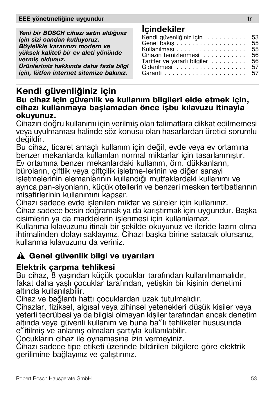 Kendi güvenliðiniz için, Ýçindekiler | Bosch MSM66110 Mixeur plongeant blanc gris User Manual | Page 53 / 91