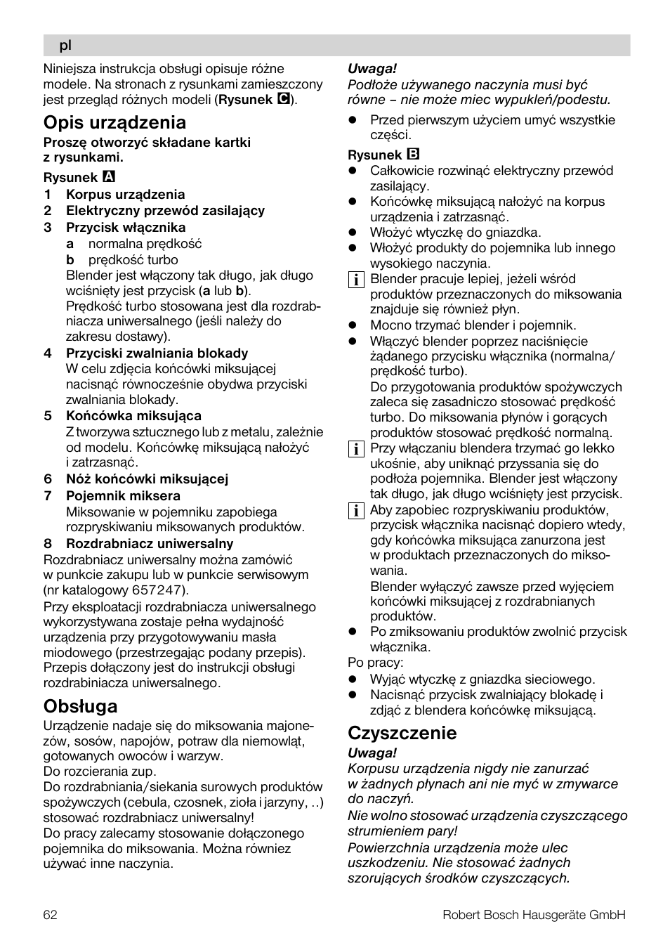 Opis urz¹dzenia, Obsługa, Czyszczenie | Bosch MSM66110 Mixeur plongeant blanc gris User Manual | Page 62 / 91