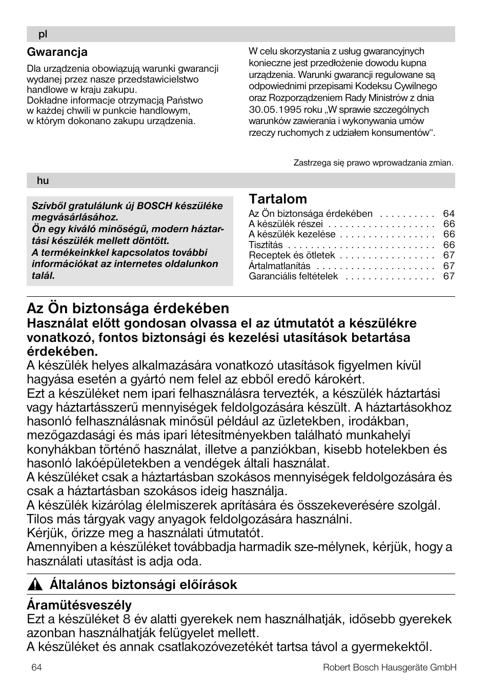 Az ön biztonsága érdekében, Tartalom | Bosch MSM66110 Mixeur plongeant blanc gris User Manual | Page 64 / 91