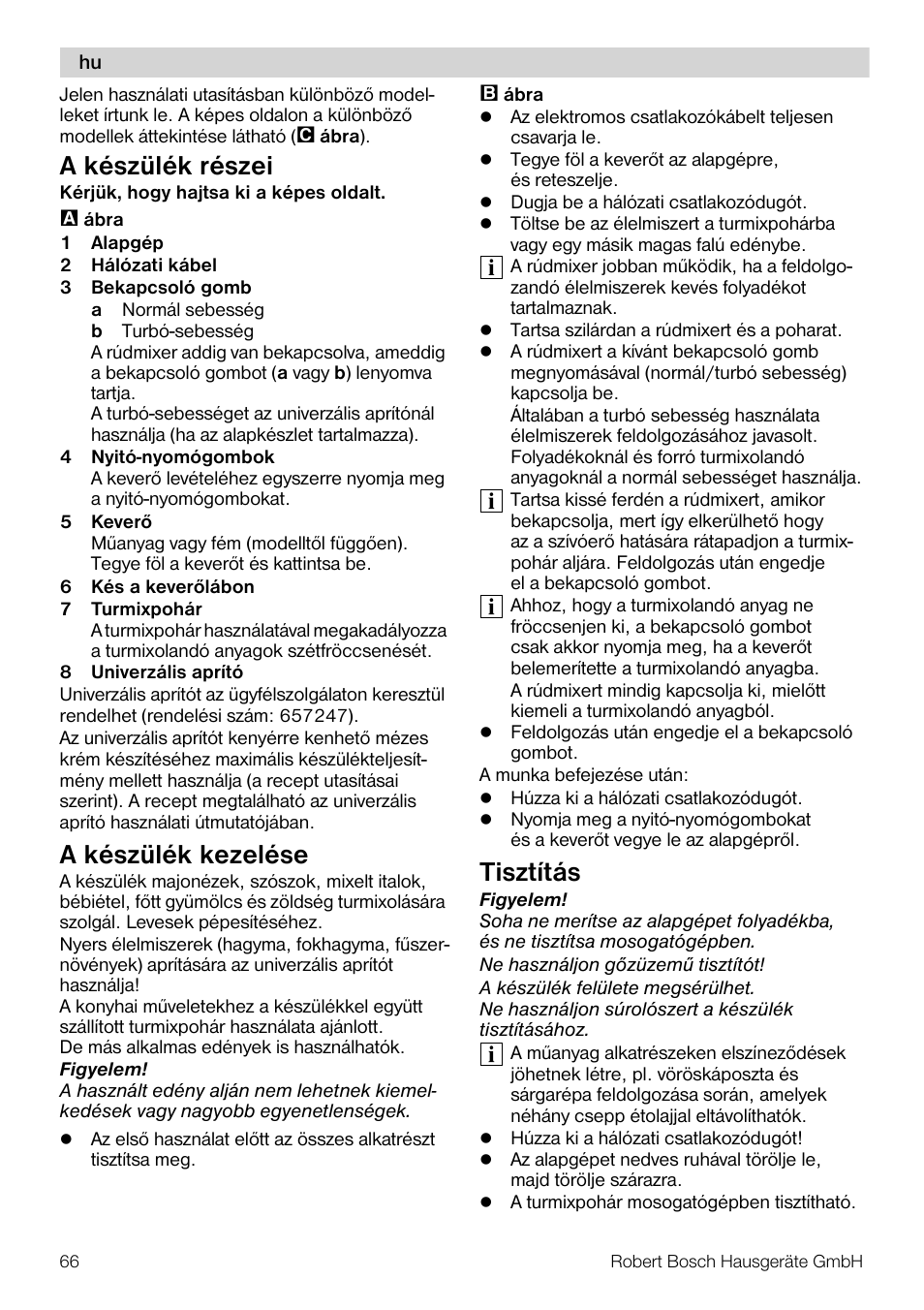 A készülék részei, A készülék kezelése, Tisztítás | Bosch MSM66110 Mixeur plongeant blanc gris User Manual | Page 66 / 91